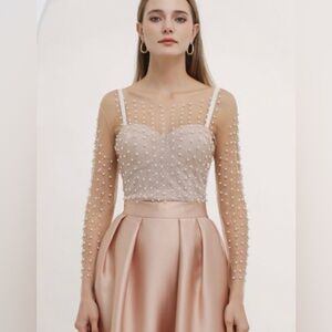 Sweetkama Size Large Pearl and Rhinestone Sheer Layering Blouse in Nude